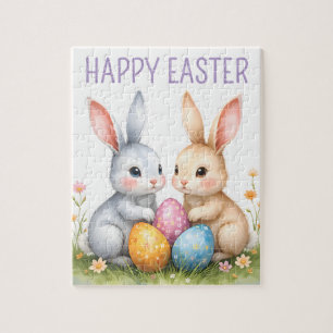 Cute Watercolor Easter Bunnies Happy Easter Jigsaw Puzzle
