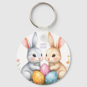 Cute Watercolor Easter Bunnies Happy Easter Keychain