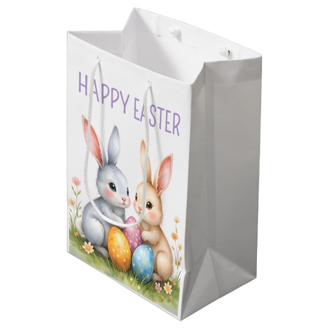 Cute Watercolor Easter Bunnies Happy Easter Medium Gift Bag (Front Angled)