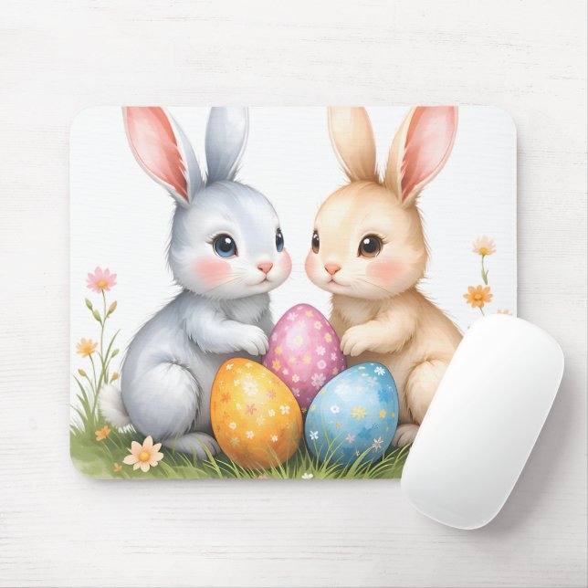 Cute Watercolor Easter Bunnies Happy Easter Mouse Pad (With Mouse)