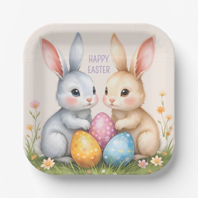 Cute Watercolor Easter Bunnies Happy Easter Paper Plate (Front)