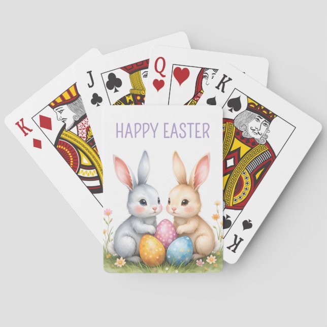 Cute Watercolor Easter Bunnies Happy Easter Playing Cards (Back)