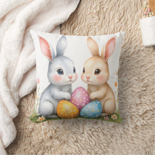 Cute Watercolor Easter Bunnies Happy Easter Throw Pillow