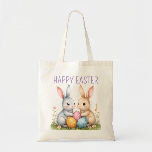 Cute Watercolor Easter Bunnies Happy Easter Tote Bag (Front)