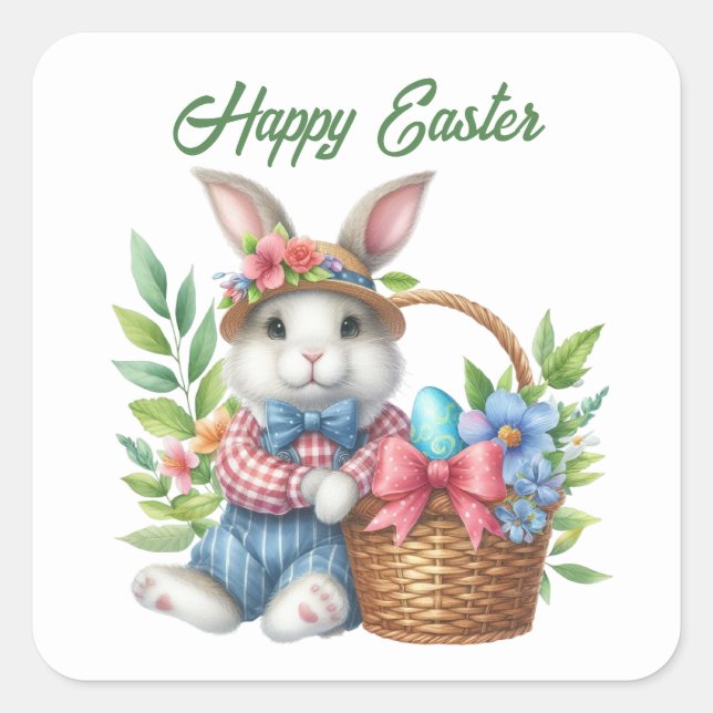 Cute watercolor Easter bunny add text  Square Sticker (Front)