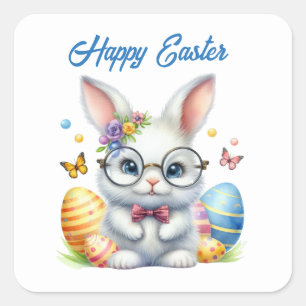 Cute watercolor Easter bunny add text  Square Sticker