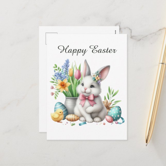 Cute watercolor Easter bunny flowers add message Holiday Postcard (Front/Back In Situ)