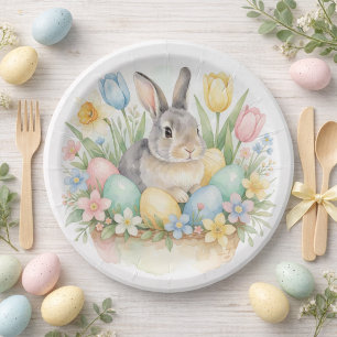 Cute Watercolor Easter Bunny in Basket Pastel Eggs Paper Plate