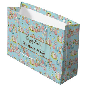 Cute Watercolor Easter Eggs, Bunny and Floral Large Gift Bag