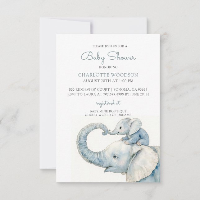 Cute Watercolor Elephant Baby Shower Invitation (Front)