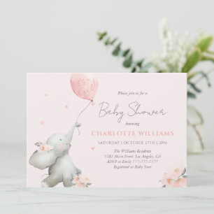 Cute Watercolor Elephant Floral Girl Baby Shower Invitation