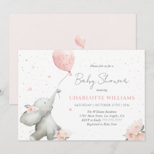 Cute Watercolor Elephant Floral Girl Baby Shower Invitation