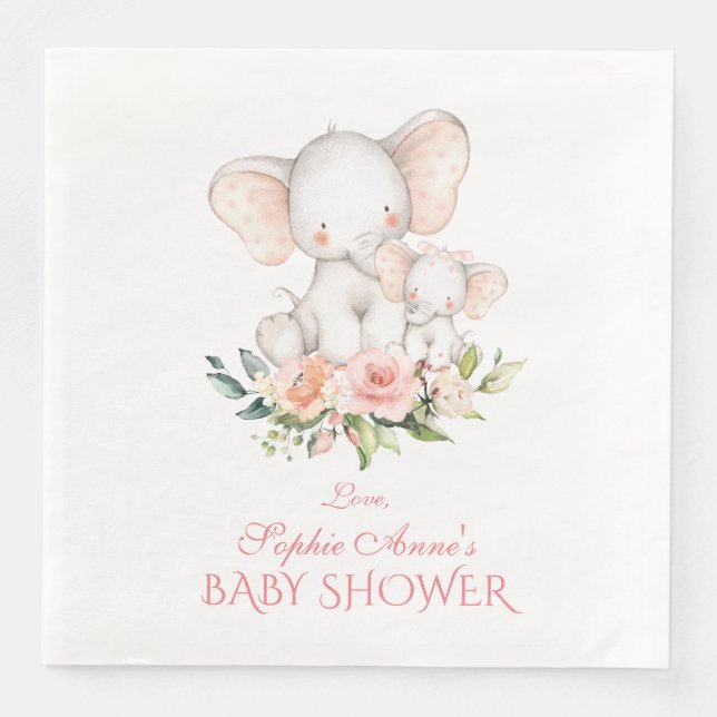 Cute Watercolor Elephant Girl Baby Shower Napkin (Front)