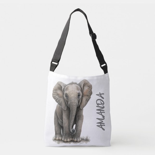 Cute Watercolor Elephant Personalized Name Crossbody Bag (Front)