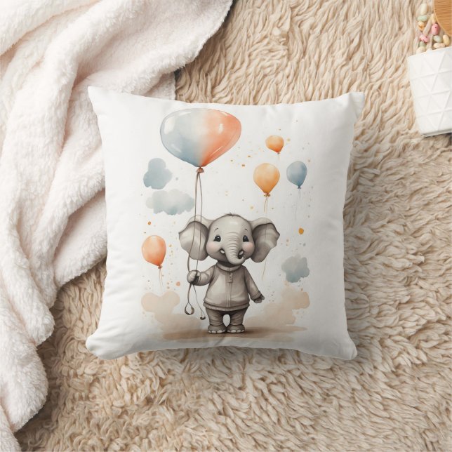 Cute Watercolor Elephant Red Blue Balloon Nursery Throw Pillow (Blanket)