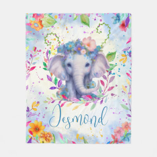 Cute Watercolor Elephant with flowers  Fleece Blanket