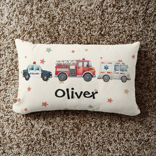 Cute Watercolor Emergency Vehicles Lumbar Pillow