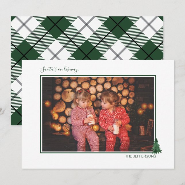 Cute Watercolor Evergreen & Plaid Holiday Card (Front/Back)