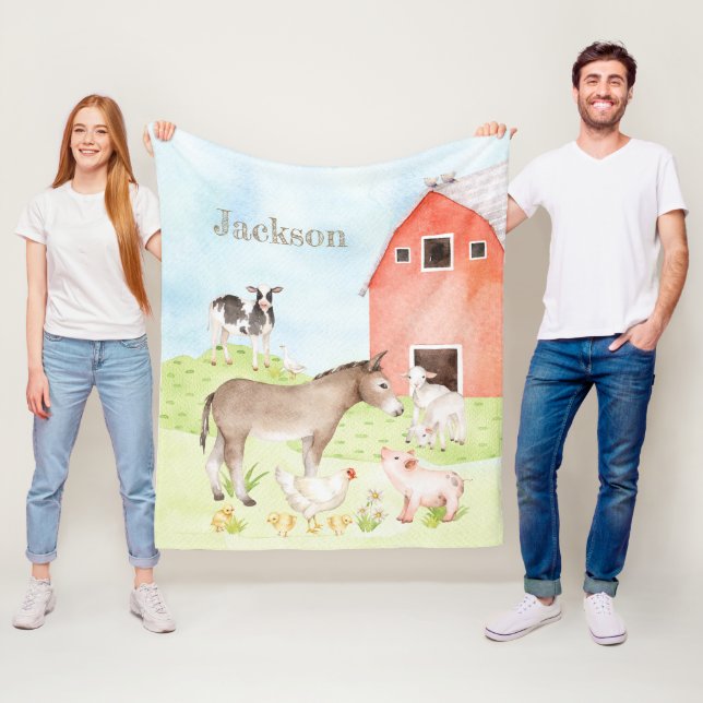 Cute Watercolor Farm Animal Fleece Blanket (In Situ)