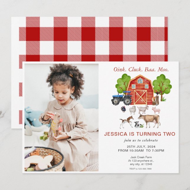 Cute Watercolor Farm Animals Kids Birthday Invitation (Front/Back)