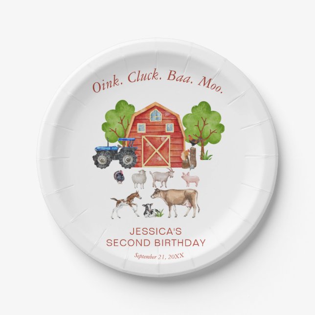 Cute Watercolor Farm Animals Kids Birthday Paper Plate (Front)