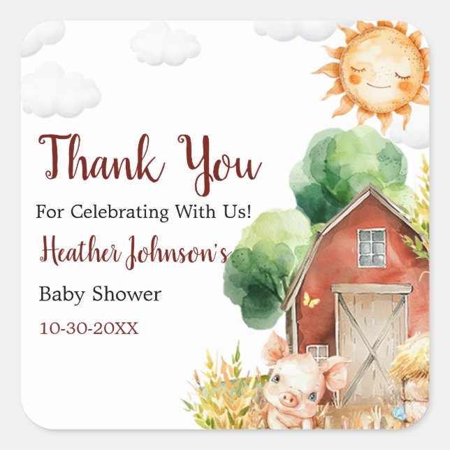 Cute Watercolor Farm Baby Shower Square Sticker (Front)