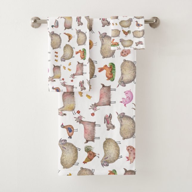 Cute Watercolor Farm Barn Animals Pattern Bath Towel Set (Insitu)