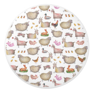 Cute Watercolor Farm Barn Animals Pattern Ceramic Knob