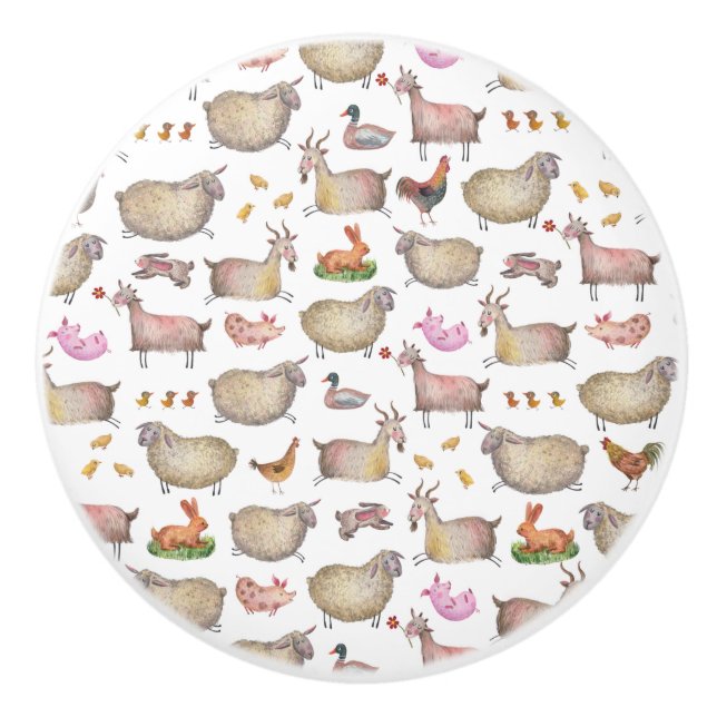 Cute Watercolor Farm Barn Animals Pattern Ceramic Knob (Front)