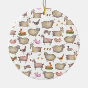 Cute Watercolor Farm Barn Animals Pattern Ceramic Ornament