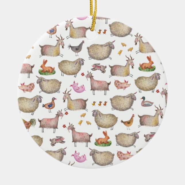 Cute Watercolor Farm Barn Animals Pattern Ceramic Ornament (Front)