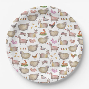 Cute Watercolor Farm Barn Animals Pattern Paper Plate