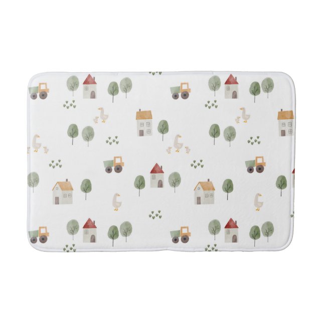 Cute Watercolor Farm Pattern Bath Mat (Front)