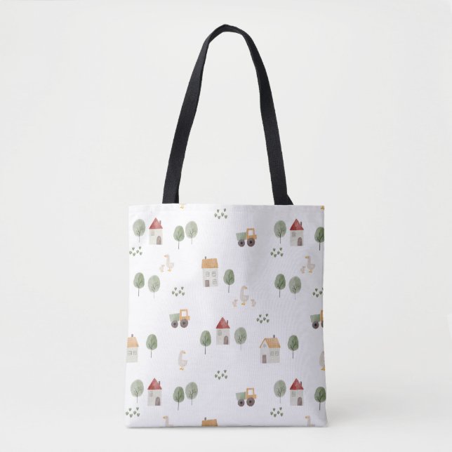Cute Watercolor Farm Pattern Tote Bag (Front)
