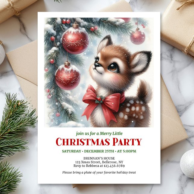 Cute watercolor fawn snowy forest serene winter  invitation (Cute watercolor fawn snowy forest serene winter scene Christmas invite

)