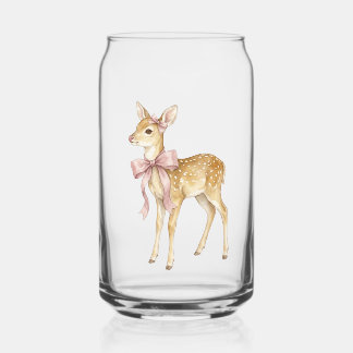 Cute Watercolor Fawn with Pink Bow Can Glass