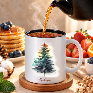 Cute watercolor festive green pine tree Christmas Two-Tone Coffee Mug