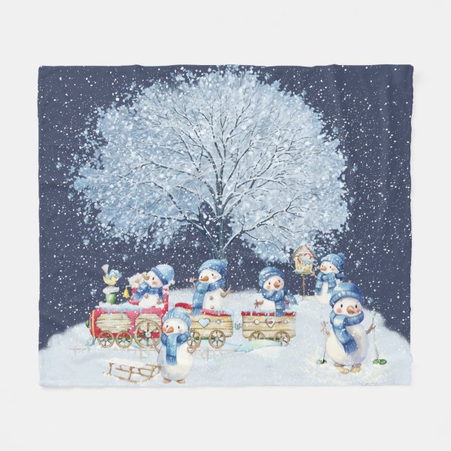 Cute Watercolor Festive Snowmen  Fleece Blanket (Front (Horizontal))