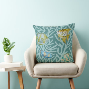 Cute Watercolor Fish On Coral Reef Throw Pillow
