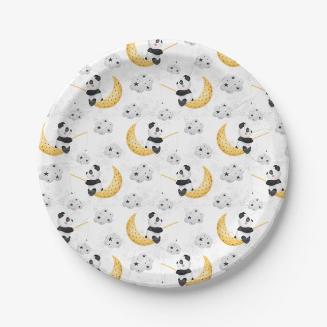 Cute Watercolor Fishing Panda Pattern Paper Plate (Front)