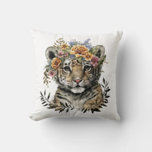 Cute Watercolor Floral Baby Tiger Throw Pillow