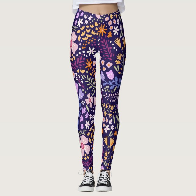 Cute Watercolor Floral Blooming Spring Custom Name Leggings (Front)
