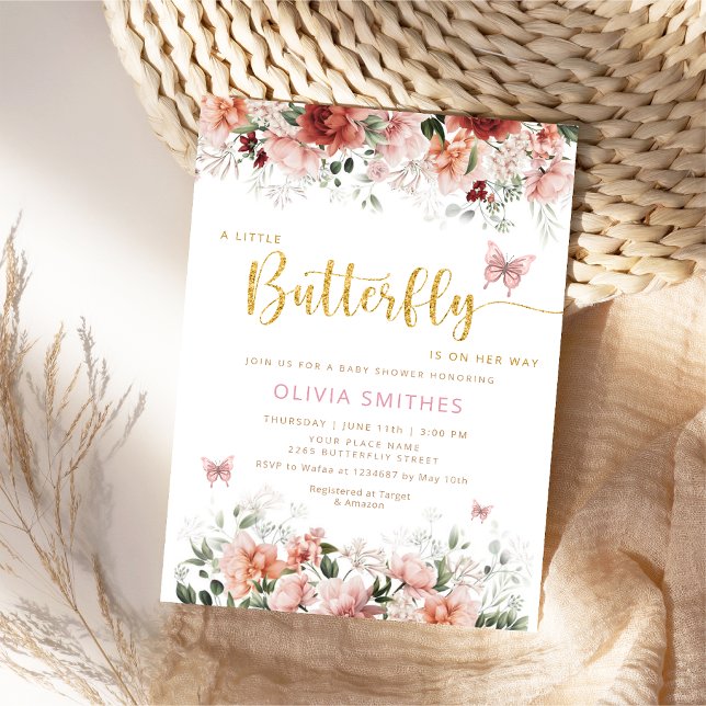 Cute Watercolor Floral Butterfly Girl Baby Shower Invitation (Creator Uploaded)