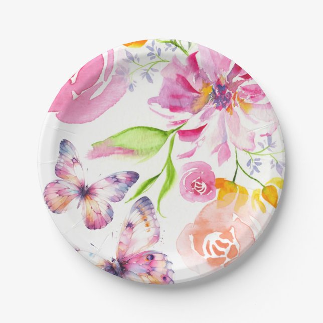 Cute Watercolor Floral Butterfly Paper Plates (Front)
