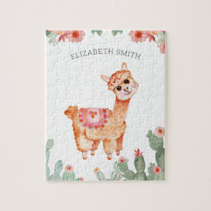 Cute Watercolor Floral Cactus Llama Name Jigsaw Puzzle