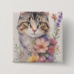 Cute Watercolor Floral Cat 2 Inch Square Button