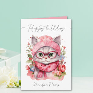 Cute Watercolor Floral Cat Grandma Happy Birthday Card