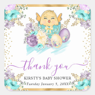 Cute Watercolor Floral Chick and Eggs Baby Shower Square Sticker