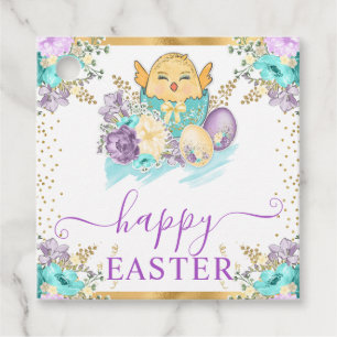Cute Watercolor Floral Chick and Eggs Easter Favour Tags