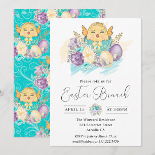 Cute Watercolor Floral Chick in Egg Easter Brunch Invitation